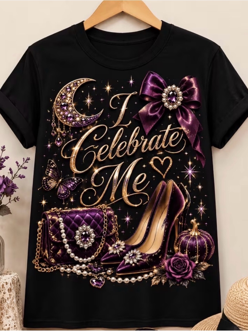 Women Shoes Graphic Tee — Celebrate Me in Purple. Size XXXL
